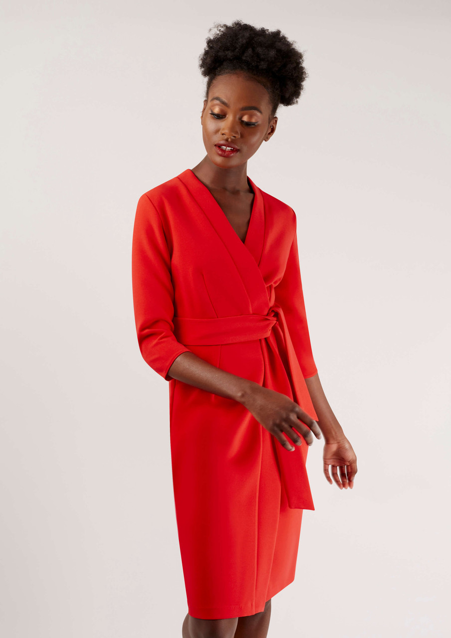 Red 3/4 Sleeve Tie Up Wrap Dress RED